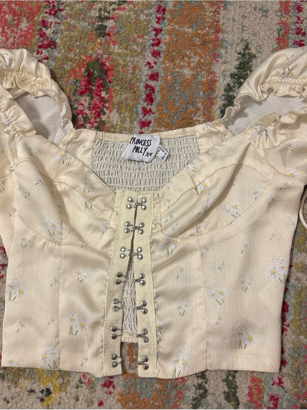 Princess Polly Cream Daisy Hook-Front Crop Top